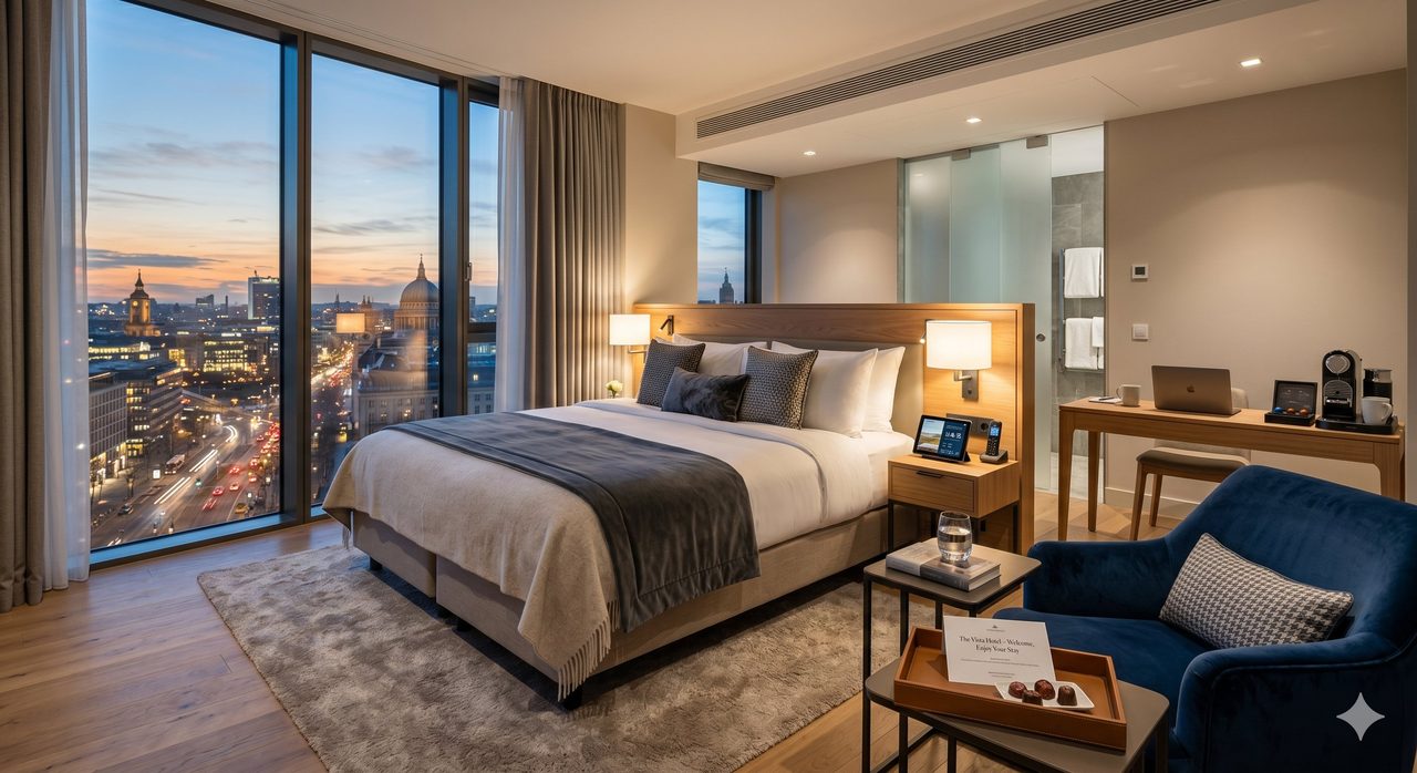 Luxuriöses Hotelzimmer mit Stadtblick – Gästeservice und Buchungen 24/7 per KI